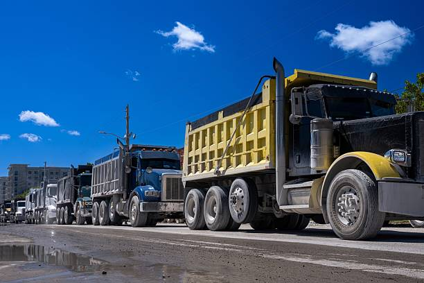 Row of commercial dump trucks lined up on street ready for hauling